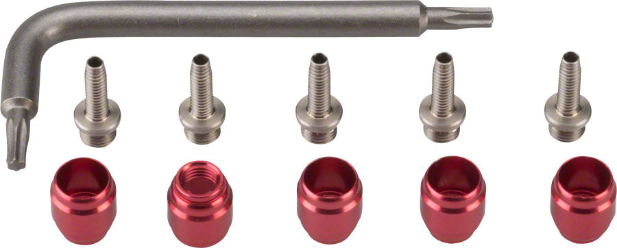 DISC BRAKE HOSE FITTING KIT - (INCLUDES 5 THREADED HOSE BARBS, 5 RED COMP FITTINGS, 1 T8 TORX) - AVID & SRAM BRAKES